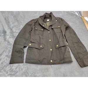 J Crew Relaxed Boyfriend Field Jacket Women's Medium Army Green Gold Snap Waxed‎